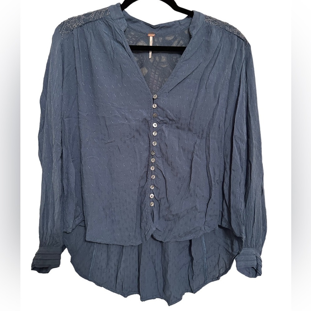 FREE PEOPLE Women’s "Eden" Embroidered Blue Peasant Canyon Rose Top- Size Small - Picture 3 of 8
